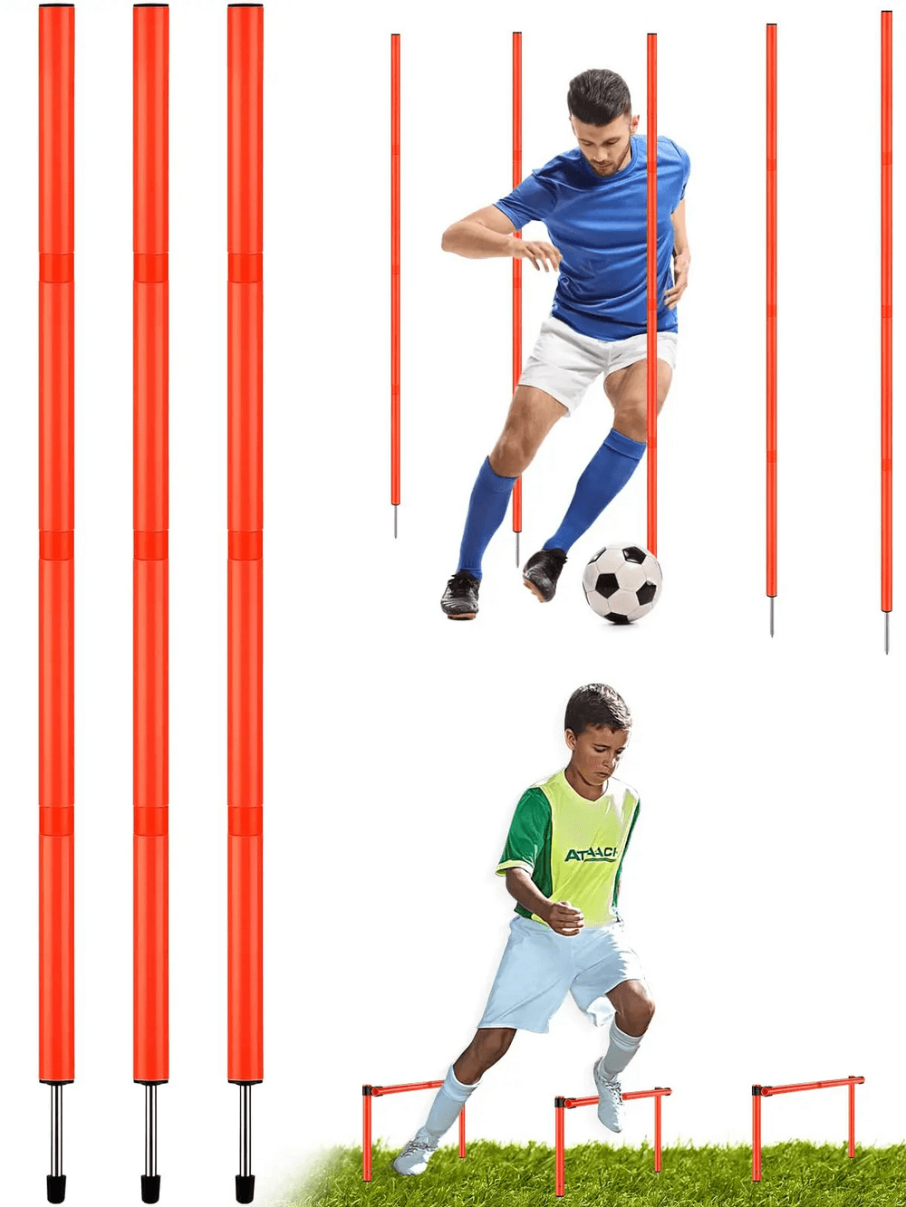 Athletes using 6FT adjustable agility poles for soccer drills and fitness training, showcasing footwork and coordination with slalom poles.